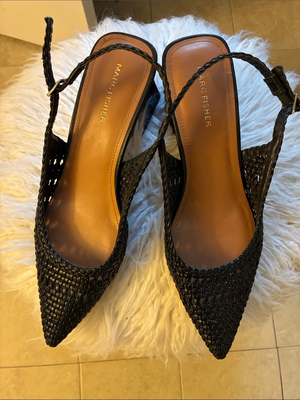 Marc Fisher Black Woven Pointed-Toe Slingback Mules